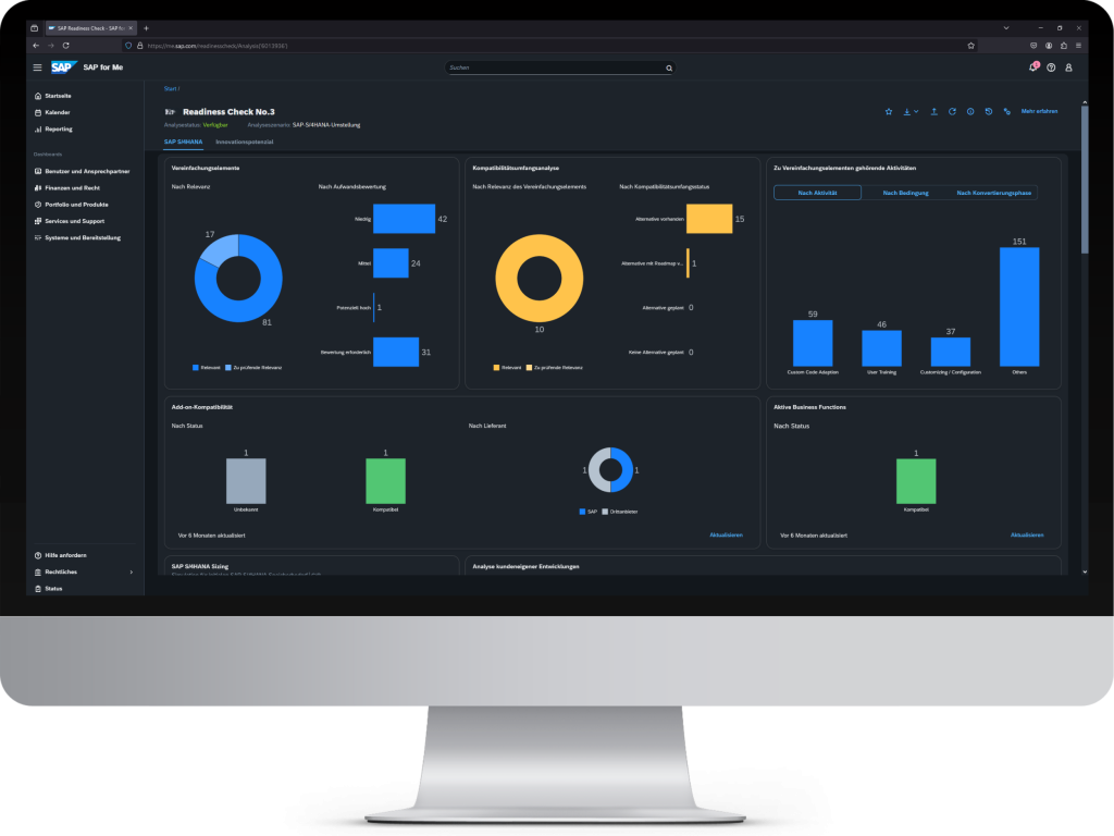 Dashboard von einem SAP S/4HANA Readiness Check, der Rückschlüsse auf die Migrationsstrategie gibt.